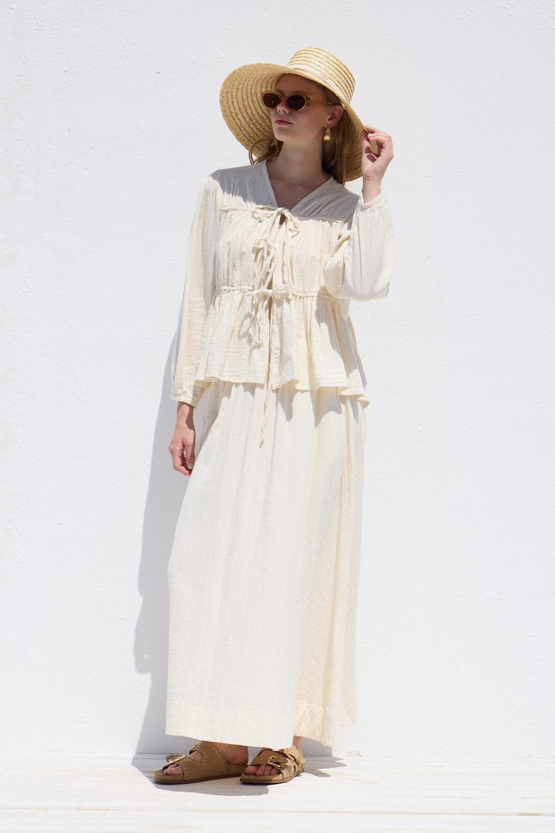 Manuka Tie Detailed Muslin Blouse Ecru  - Image 3
