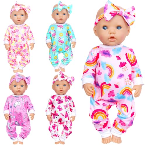 Ecore Fun 5 Sets Baby Doll Outfits Headbands 10 pcs for 1418 Baby Dolls Cute Jumpsuit Hair Accessory Set for DressUp Play - Image 1