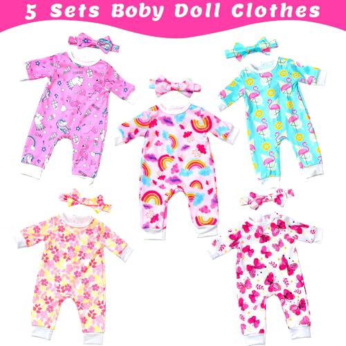 Ecore Fun 5 Sets Baby Doll Outfits Headbands 10 pcs for 1418 Baby Dolls Cute Jumpsuit Hair Accessory Set for DressUp Play - Image 5