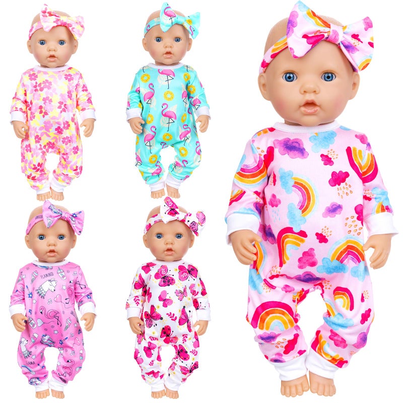 Ecore Fun 5 Sets Baby Doll Outfits Headbands 10 pcs for 1418 Baby Dolls Cute Jumpsuit Hair Accessory Set for DressUp Play - Image 3