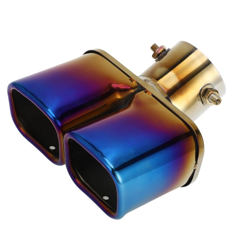 AutoBizarre Stainless Steel Burnt Blue Holographic Blue Square Shaped Dual Pipe Car Exhaust Tail Muffler Tip Car End Pipe Tail Exhaust Show Pipe Universal for All Cars (Square Dual Pipe Curved Bent) - Image 1