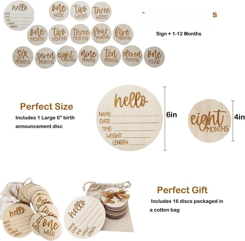 Wooden Milestone Cards and Discs 16pc Set for Baby Photos and First Year Milestones (Excluding storage bag) - Image 3