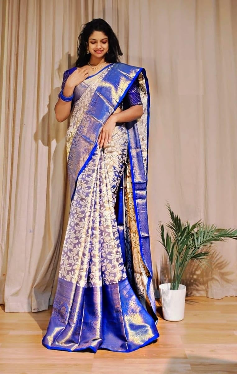 SGF11 Women's Kanjivaram Silk Sarees With Unstitched Blouse Piece (Blue01) - Image 2