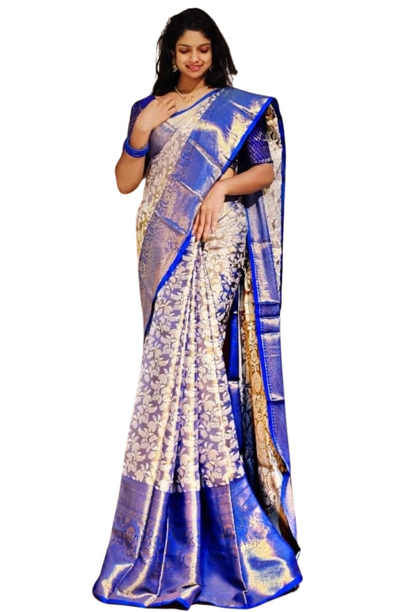 SGF11 Women's Kanjivaram Silk Sarees With Unstitched Blouse Piece (Blue01) - Image 4