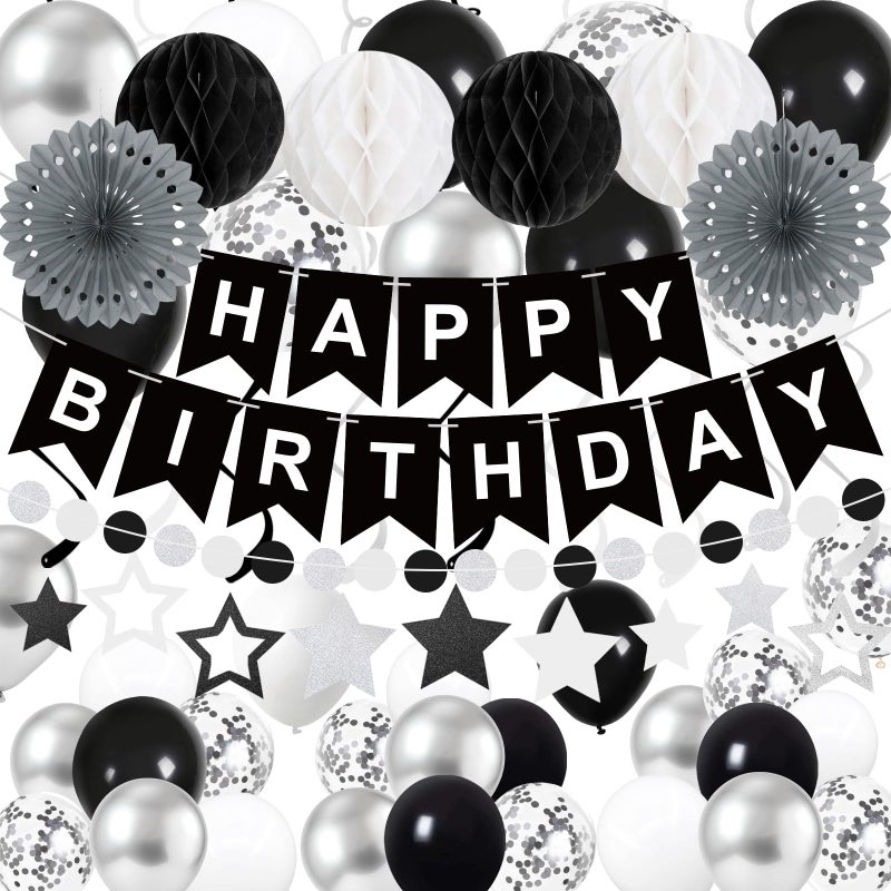 Yunfan 69Pcs Birthday Decorations Black Happy Birthday Banner Balloons Paper Fans Honeycomb Balls Hanging Swirl Stars Garland Party Decorations for Men Women Wednesday Halloween - Image 2