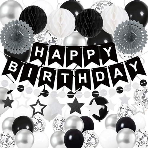 Yunfan 69Pcs Birthday Decorations Black Happy Birthday Banner Balloons Paper Fans Honeycomb Balls Hanging Swirl Stars Garland Party Decorations for Men Women Wednesday Halloween - Image 1