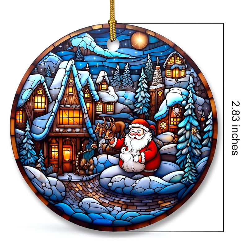 WLWLGLUCK Santa Claus and Reindeer Ceramic Ornament for Christmas Tree Decorations  Stained Glass Patterns Christmas Ornament  Snow Scene Ceramic Ornament for Christmas Hanging Decorations - Image 2