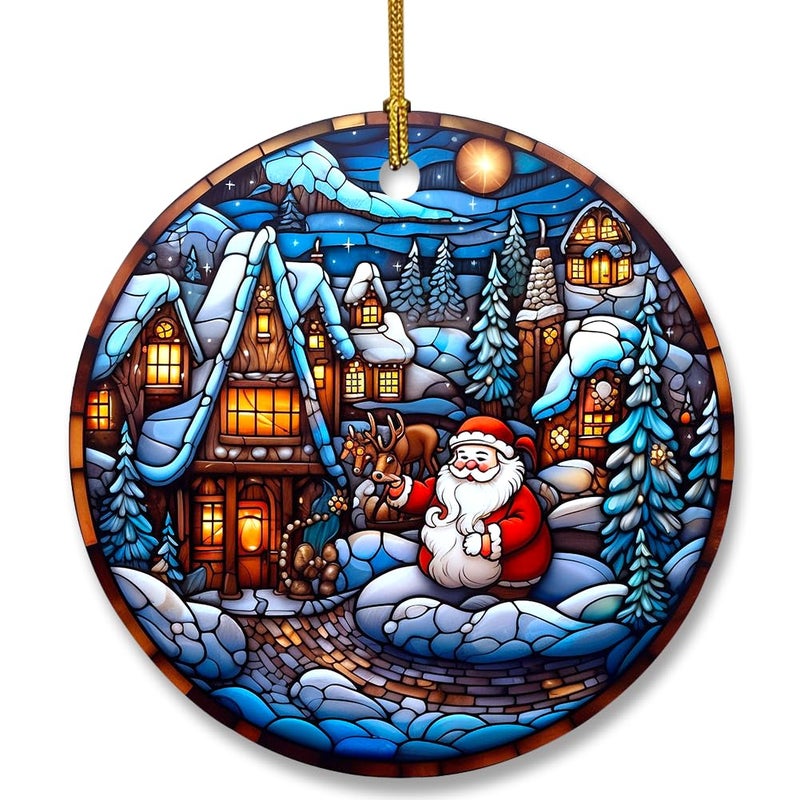 WLWLGLUCK Santa Claus and Reindeer Ceramic Ornament for Christmas Tree Decorations  Stained Glass Patterns Christmas Ornament  Snow Scene Ceramic Ornament for Christmas Hanging Decorations - Image 1