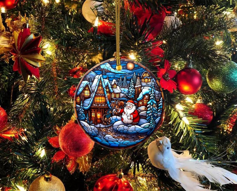 WLWLGLUCK Santa Claus and Reindeer Ceramic Ornament for Christmas Tree Decorations  Stained Glass Patterns Christmas Ornament  Snow Scene Ceramic Ornament for Christmas Hanging Decorations - Image 3