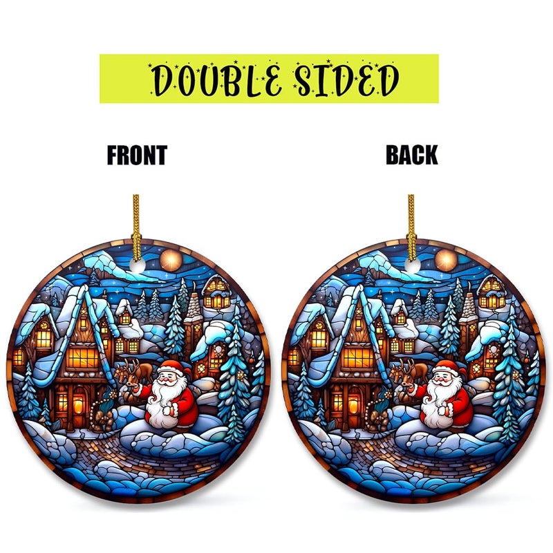WLWLGLUCK Santa Claus and Reindeer Ceramic Ornament for Christmas Tree Decorations  Stained Glass Patterns Christmas Ornament  Snow Scene Ceramic Ornament for Christmas Hanging Decorations - Image 5