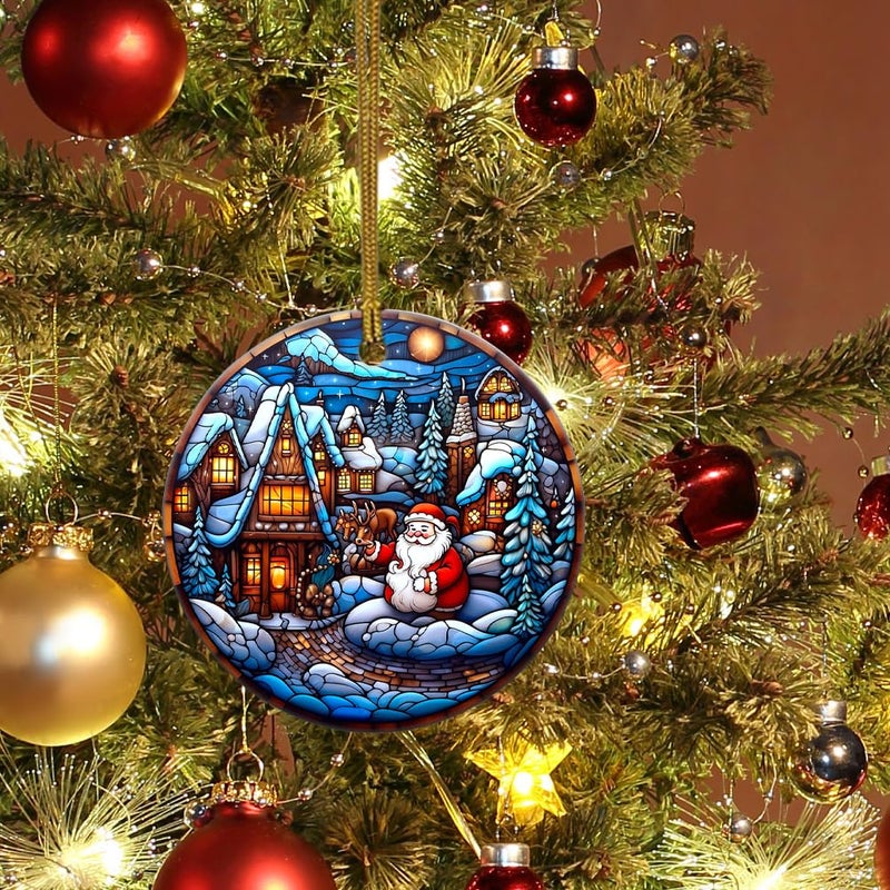 WLWLGLUCK Santa Claus and Reindeer Ceramic Ornament for Christmas Tree Decorations  Stained Glass Patterns Christmas Ornament  Snow Scene Ceramic Ornament for Christmas Hanging Decorations - Image 4