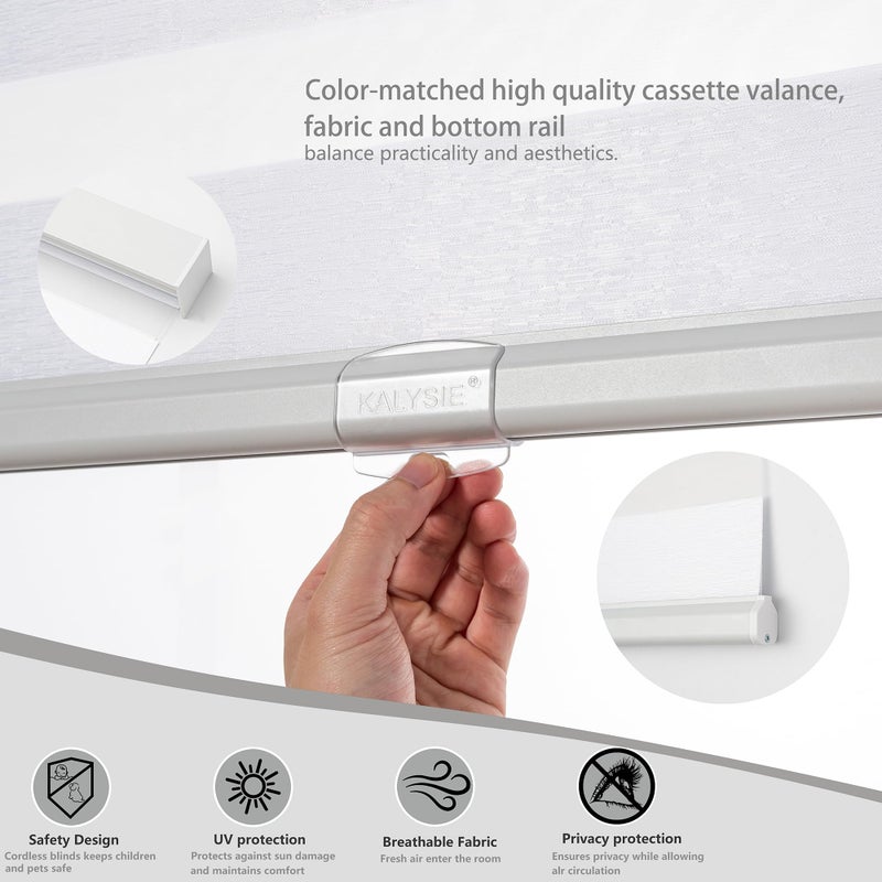 KALYSIE Cordless Zebra Blinds for Windows, Free-Stop Pull Down Roller Window Shades with Valance, Light Filtering Dual Layers Sheer Shades for Home and Office, White, 20" W x 72" H - Image 5