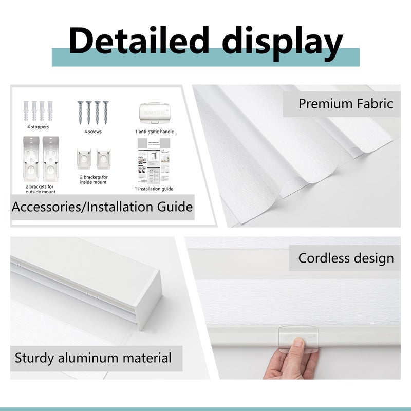 KALYSIE Cordless Zebra Blinds for Windows, Free-Stop Pull Down Roller Window Shades with Valance, Light Filtering Dual Layers Sheer Shades for Home and Office, White, 20" W x 72" H - Image 4