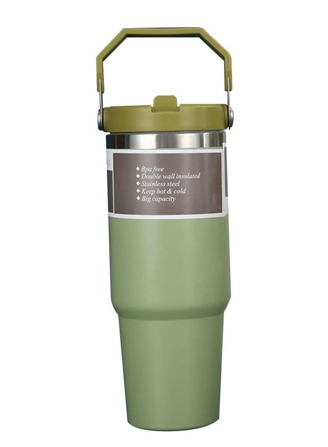 ELTRAZONE كوب تامبلر من الفولاذ المقاوم للصدأ مع مقبض وغطاء قشة - زجاجة ماء معزولة بالفراغ، غطاء قابل للطي مقاوم للتسرب، كوب قابل لإعادة الاستخدام للمنزل أو المكتب أو السيارة - Image 1