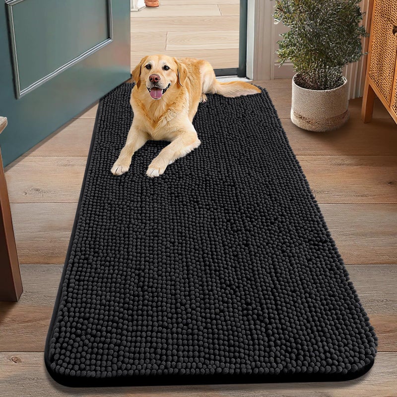 Smiry Dog Door Mat for Muddy Paws 48x30, Absorbs Moisture and Dirt Doormat, Non-Slip Washable Quick Dry Chenille Front Door Mat Indoor Entrance, Entryway Carpet for Inside Floor, Black - Image 1