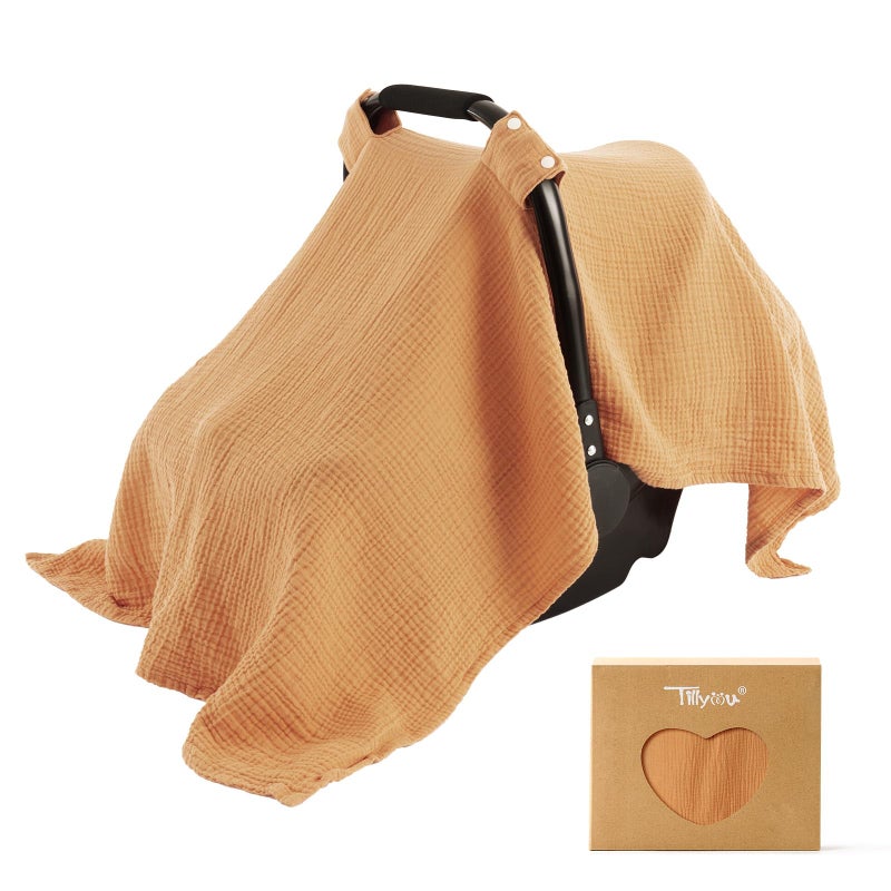 TILLYOU Baby Car Seat Cover Breathable Muslin Cotton Infant Car Seat Cover Lightweight Canopy with Sun and Bug ProtectionOrange - Image 3