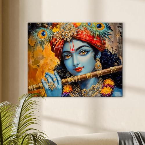 ArtX Canvas Krishna Playing Flute Wall Painting, Krishna Painting For Living Room, Bedroom, Multicolor, Abstract, 58.0 X 45.0 cm, Set of 1 - Image 4