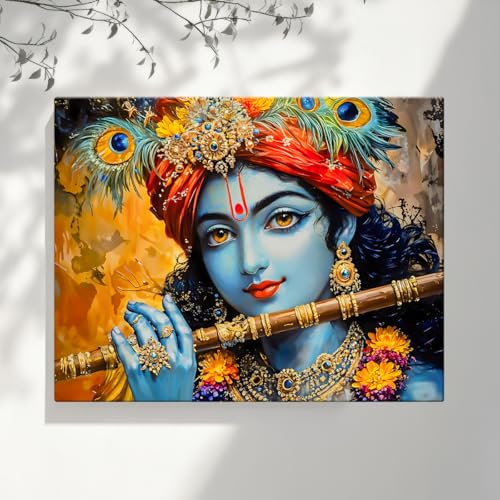 ArtX Canvas Krishna Playing Flute Wall Painting, Krishna Painting For Living Room, Bedroom, Multicolor, Abstract, 58.0 X 45.0 cm, Set of 1 - Image 1
