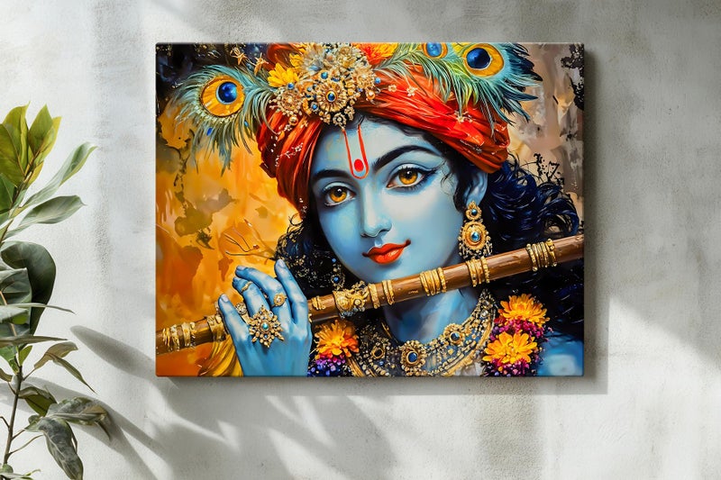 ArtX Canvas Krishna Playing Flute Wall Painting, Krishna Painting For Living Room, Bedroom, Multicolor, Abstract, 58.0 X 45.0 cm, Set of 1 - Image 5