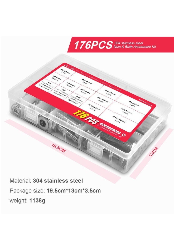 176 Pieces M6 M8 M10 Heavy Duty Bolts and Nuts Assortment Kit, 304 Stainless Steel, Includes 16 Most Common Sizes, Stainless Steel Hex Head Bolt with Nut and Flat Spring Washer - Image 2