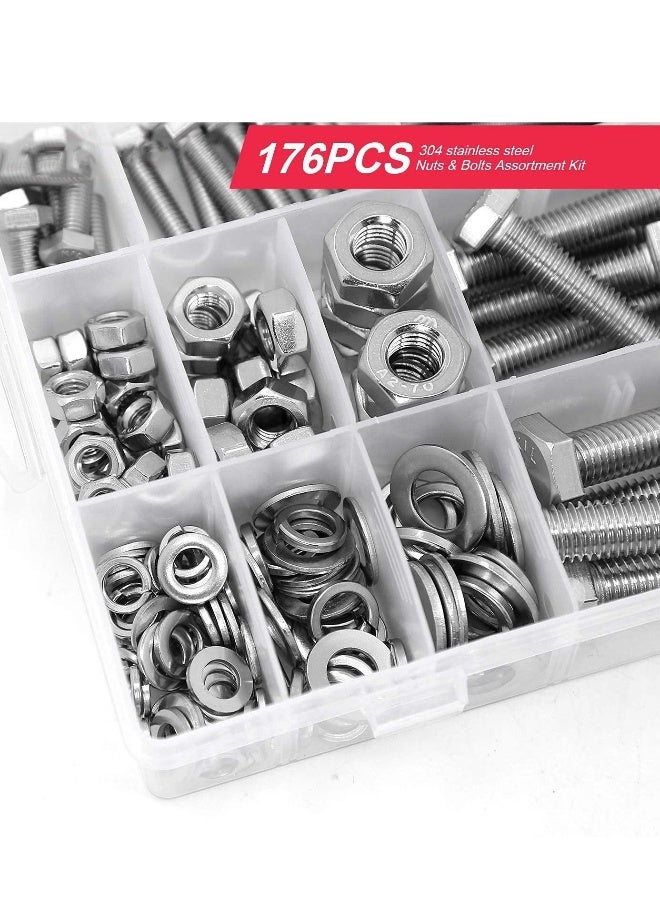 176 Pieces M6 M8 M10 Heavy Duty Bolts and Nuts Assortment Kit, 304 Stainless Steel, Includes 16 Most Common Sizes, Stainless Steel Hex Head Bolt with Nut and Flat Spring Washer - Image 3