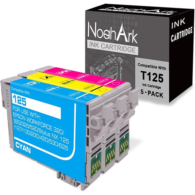 NoahArk 3 Packs T125 Remanufactured Ink Cartridge Replacement for 125 use for Stylus NX125 NX127 NX230 NX420 NX530 NX625 Workforce 320 323 325 520 Printer (1 Cyan 1 Magenta 1 Yellow)