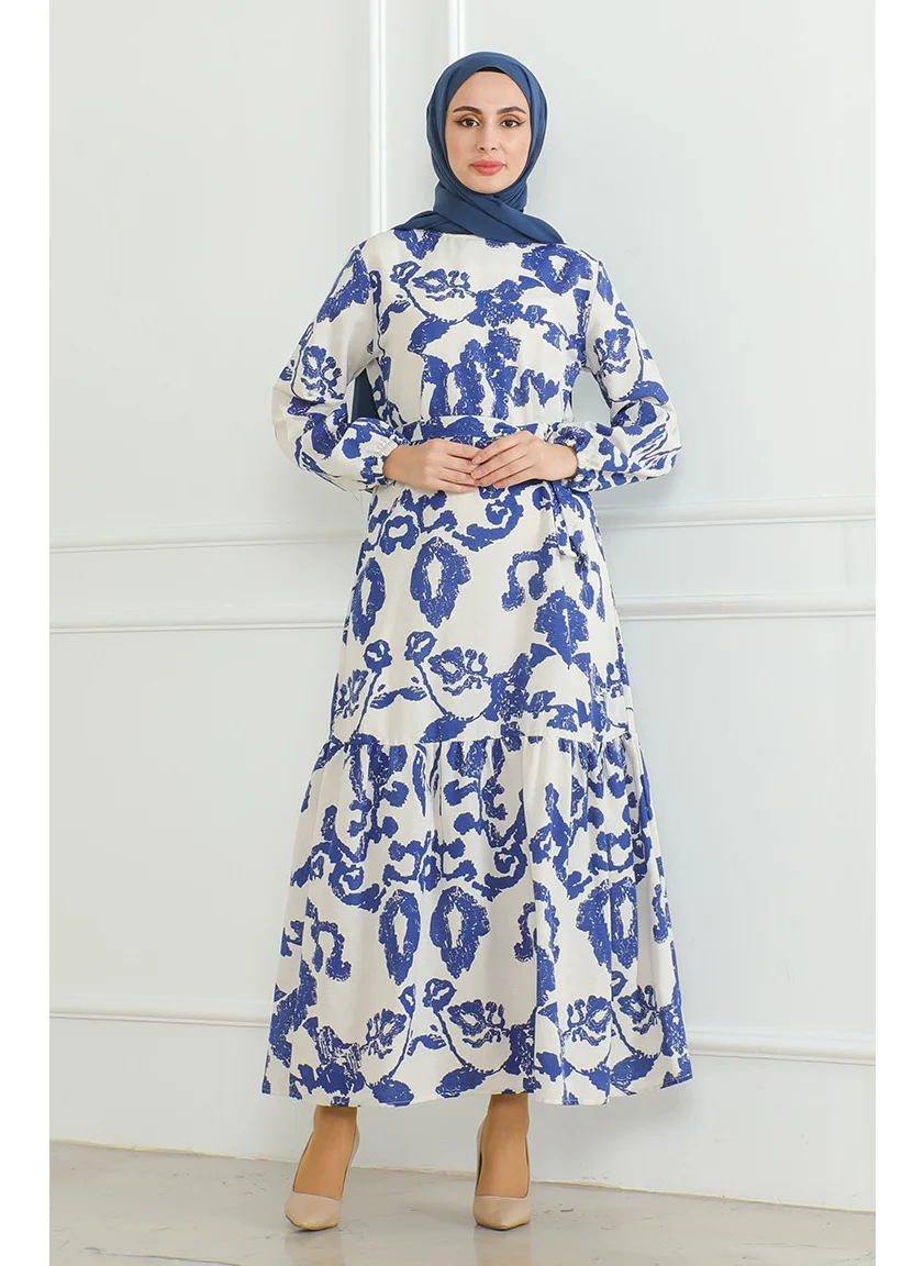 سيفا ميرفي Patterned Belted Linen Dress 0471D-05 Beige Saxe
