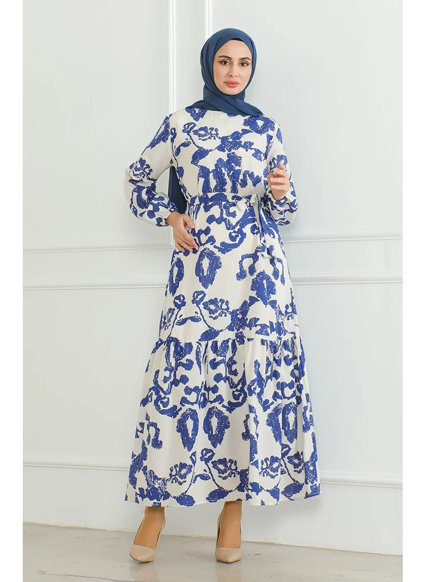 سيفا ميرفي Patterned Belted Linen Dress 0471D-05 Beige Saxe