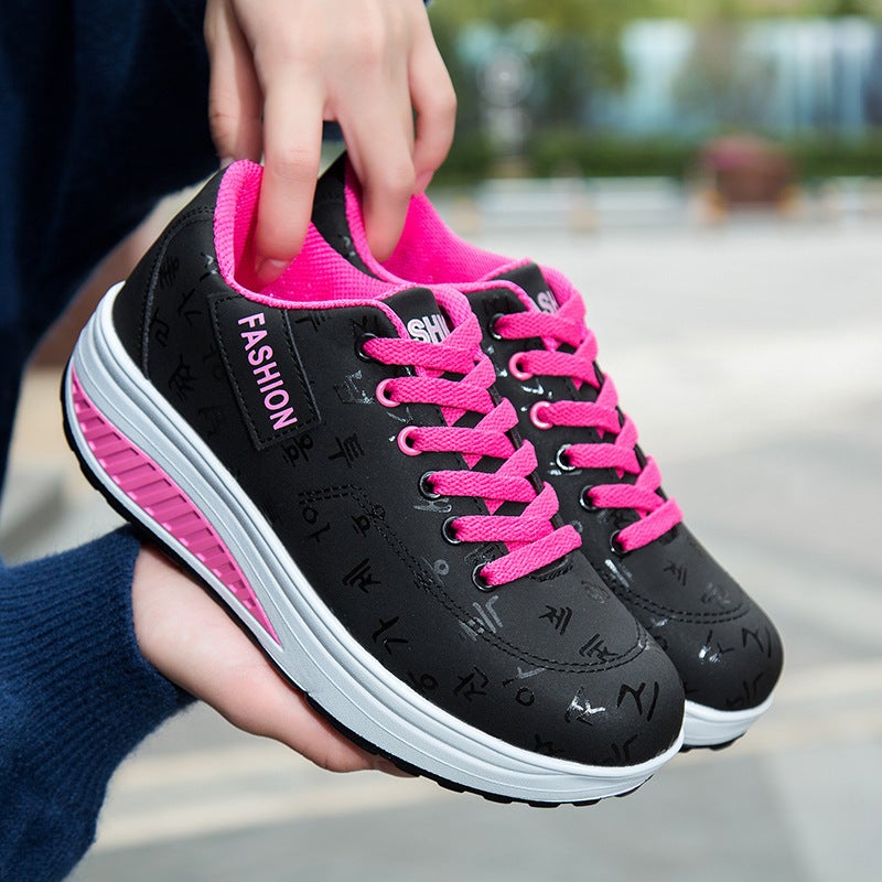 2023 autumn new womens round toe Sports womens casual single-layer shoes front lace-up increased mid heel rocking shoes womens shoes cross-border Black 