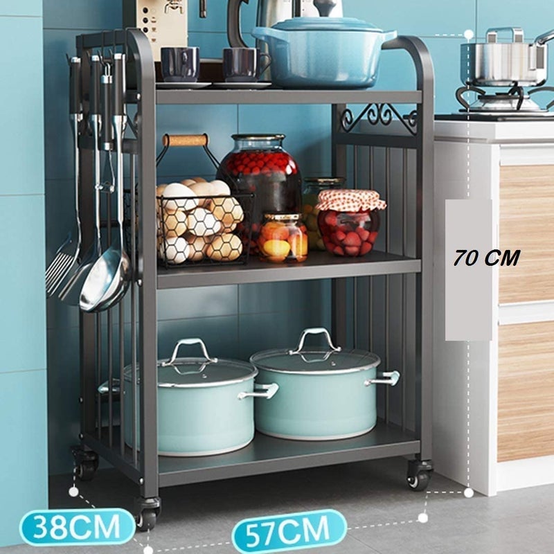 Generic INDIAN DECOR 45456 Classic Storage Cart 3 Tier Kitchen Microwave Oven Storage Rack Mobile Organizer Storage Cart Serving Trolley Storage Shelf Trolley with Locking Wheels for Kitchen Storage Black  - Image 2