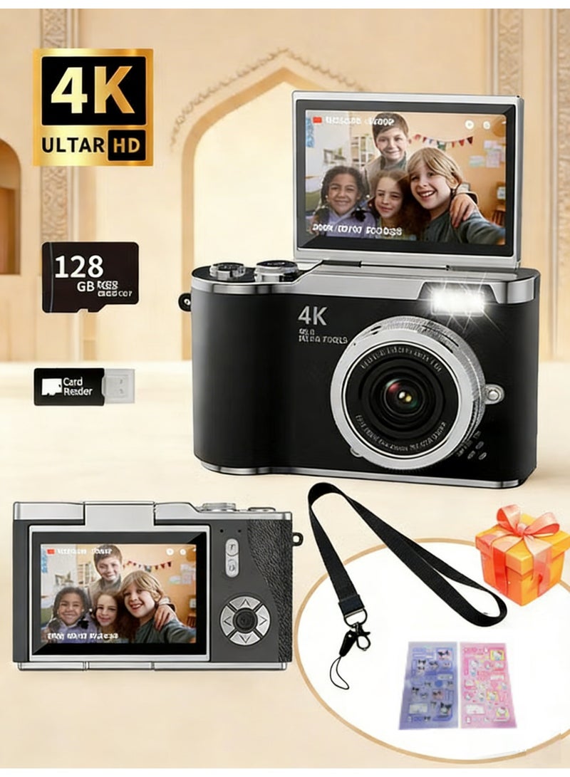 ZetRA Digital Cameras Digital Camera with 128GB SD card, 4k CCD Digital Zoom Student Digital Camera 48MP Portable Digital Photography Camera 180° Flip Screen Selfie Camera, Point and Shoot Digital Cameras - Image 1