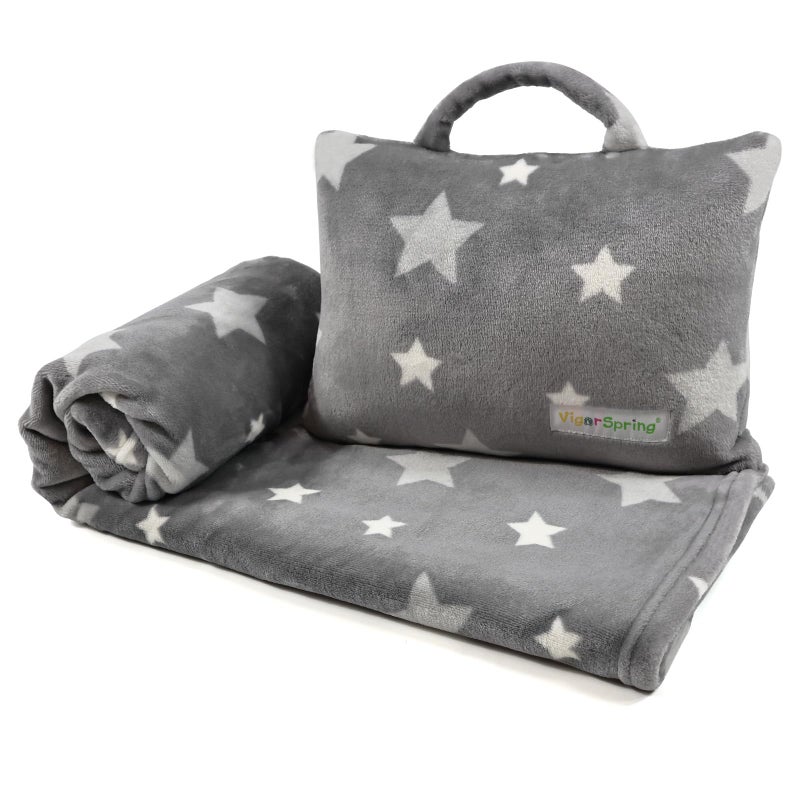 VigorSpring 3-in-1 Kids Travel Pillow and Blanket Set - 40x60 Inches Soft Grey Star Design | Travel Blanket Airplane Compact with Bag | Ideal for Travel, Camping, Car Rides & Home Decor - Image 1