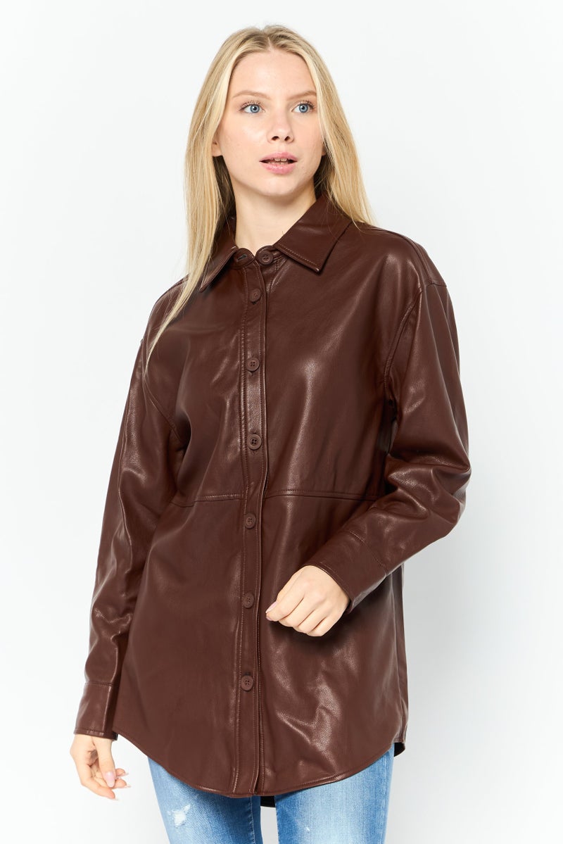 Black Tape Women Solid Long Sleeve Motor Cycle Jacket, Brown - Image 1