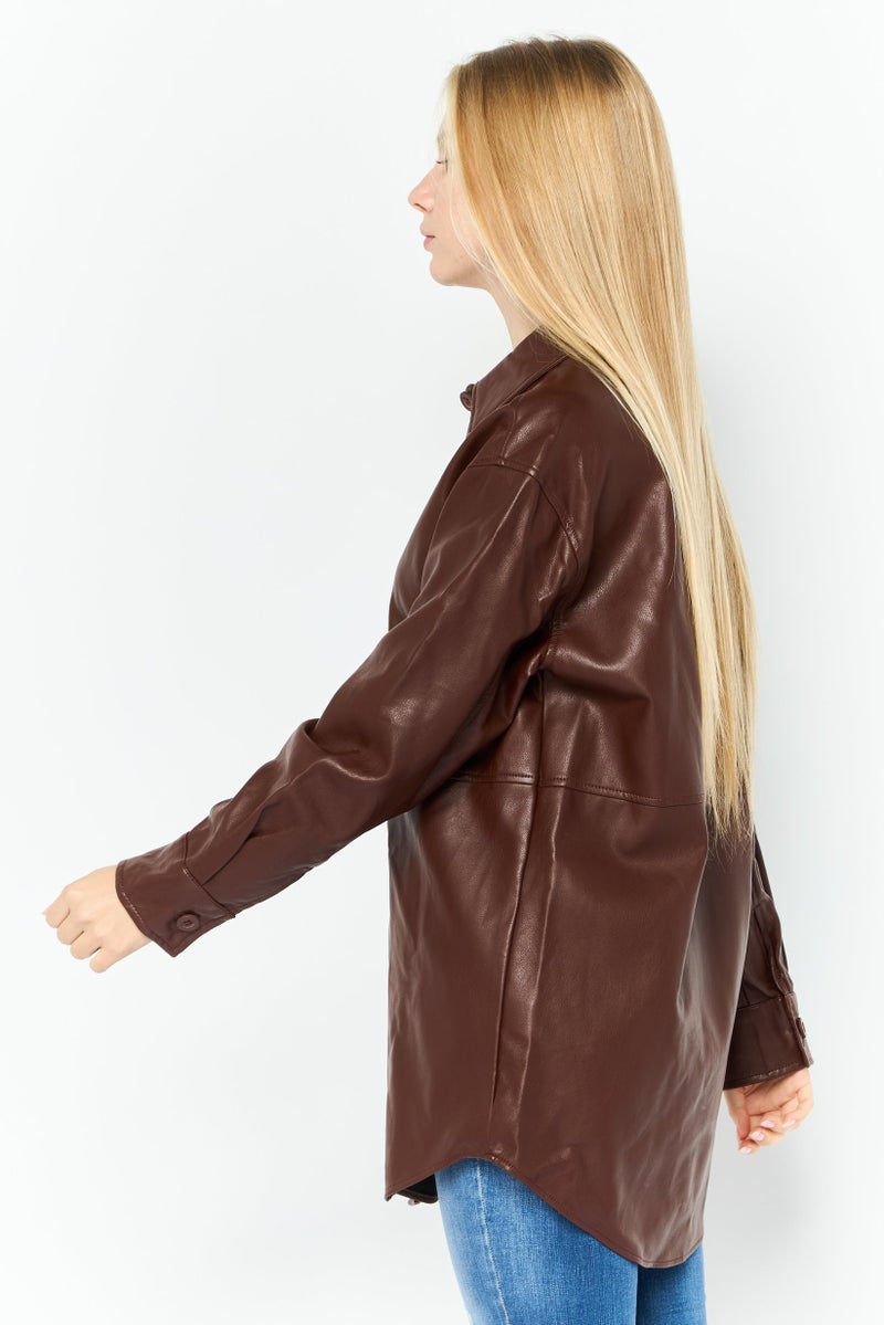 Black Tape Women Solid Long Sleeve Motor Cycle Jacket, Brown - Image 2