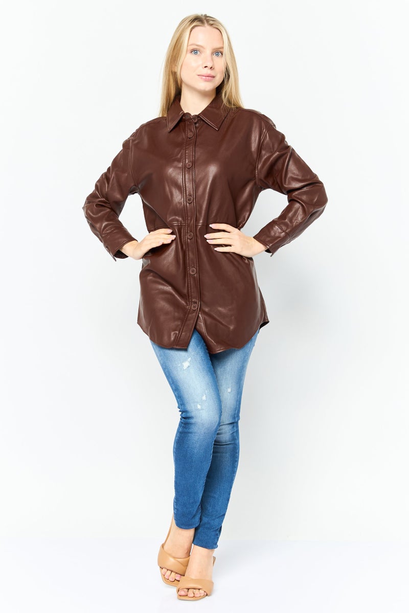 Black Tape Women Solid Long Sleeve Motor Cycle Jacket, Brown - Image 3