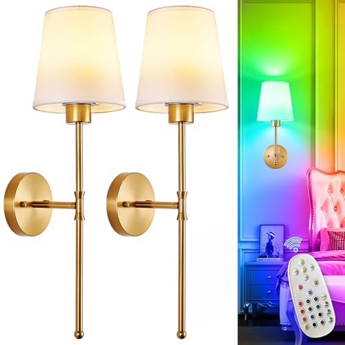 Depuley Battery Operated Wall Sconce Set of 2 Wireless Wall Lights with 10000mAh Dimmable Bulbs and Remote for Bedroom Rechargeable 15 Colors Gold Wall Lamp for Living Room Hallway - Image 1
