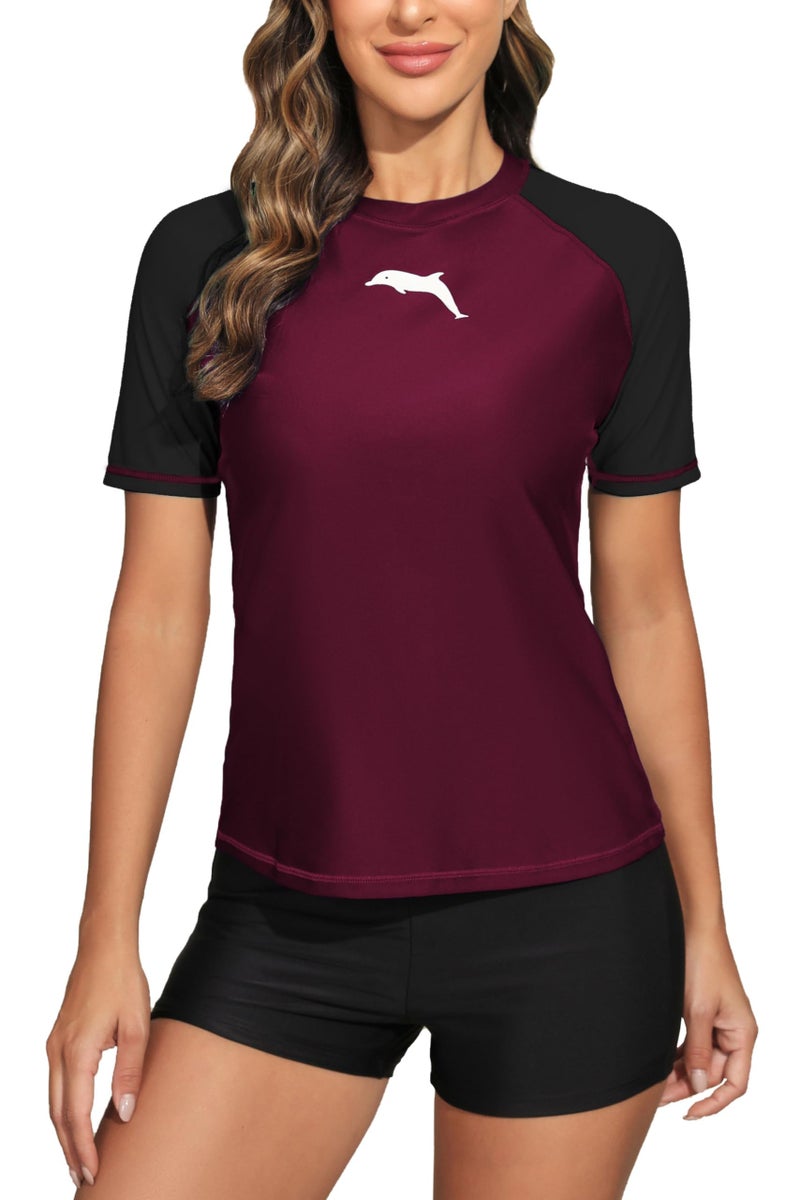 Halcurt Women's Short Sleeve Rash Guard Swimsuit Top Swim Shirt Only Swim Tee UPF50+ Quick Dry Swimsuit Burgundy S - Image 1