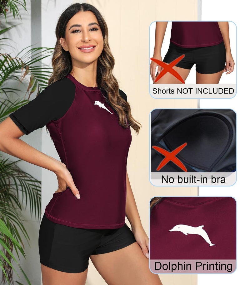 Halcurt Women's Short Sleeve Rash Guard Swimsuit Top Swim Shirt Only Swim Tee UPF50+ Quick Dry Swimsuit Burgundy S - Image 3