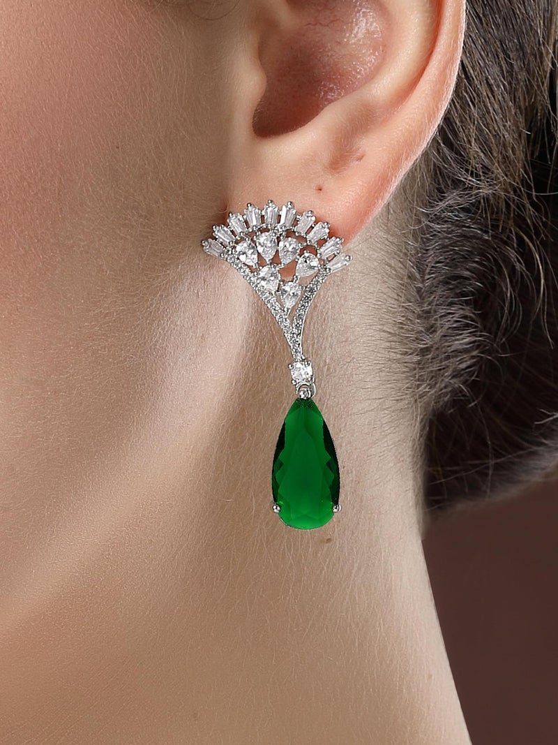 Karatcart Silver Plated Green American Diamond Drop Earrings for Women - Image 2