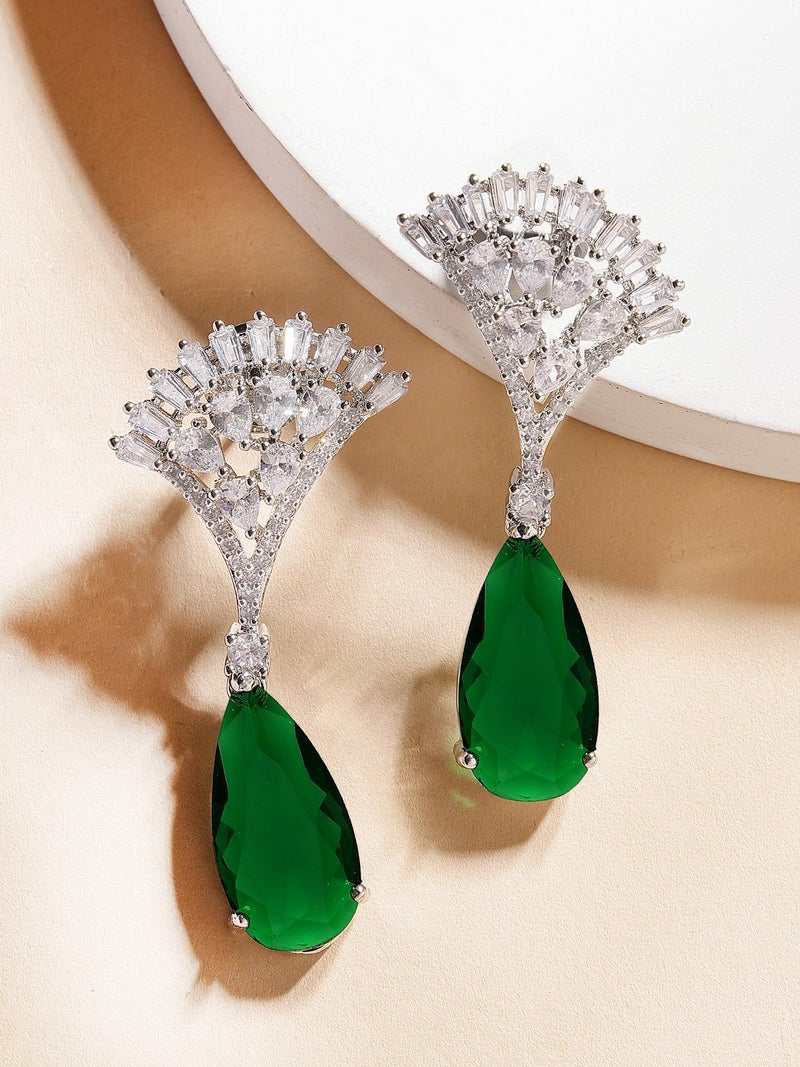 Karatcart Silver Plated Green American Diamond Drop Earrings for Women - Image 4