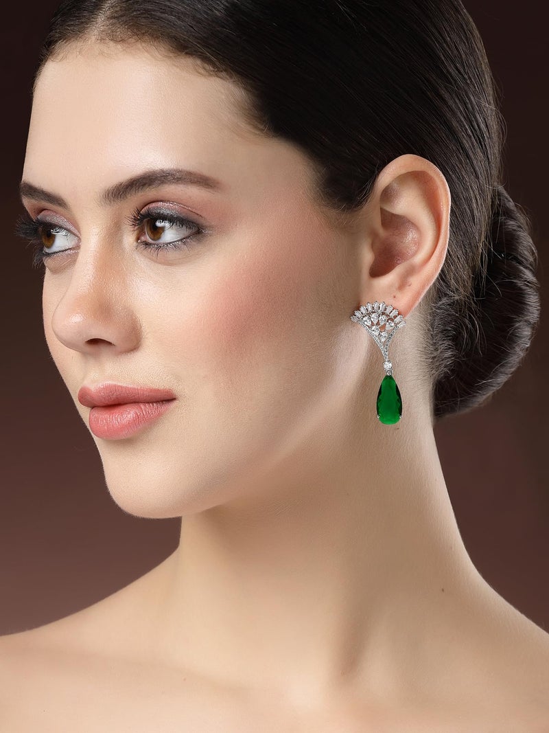 Karatcart Silver Plated Green American Diamond Drop Earrings for Women - Image 3