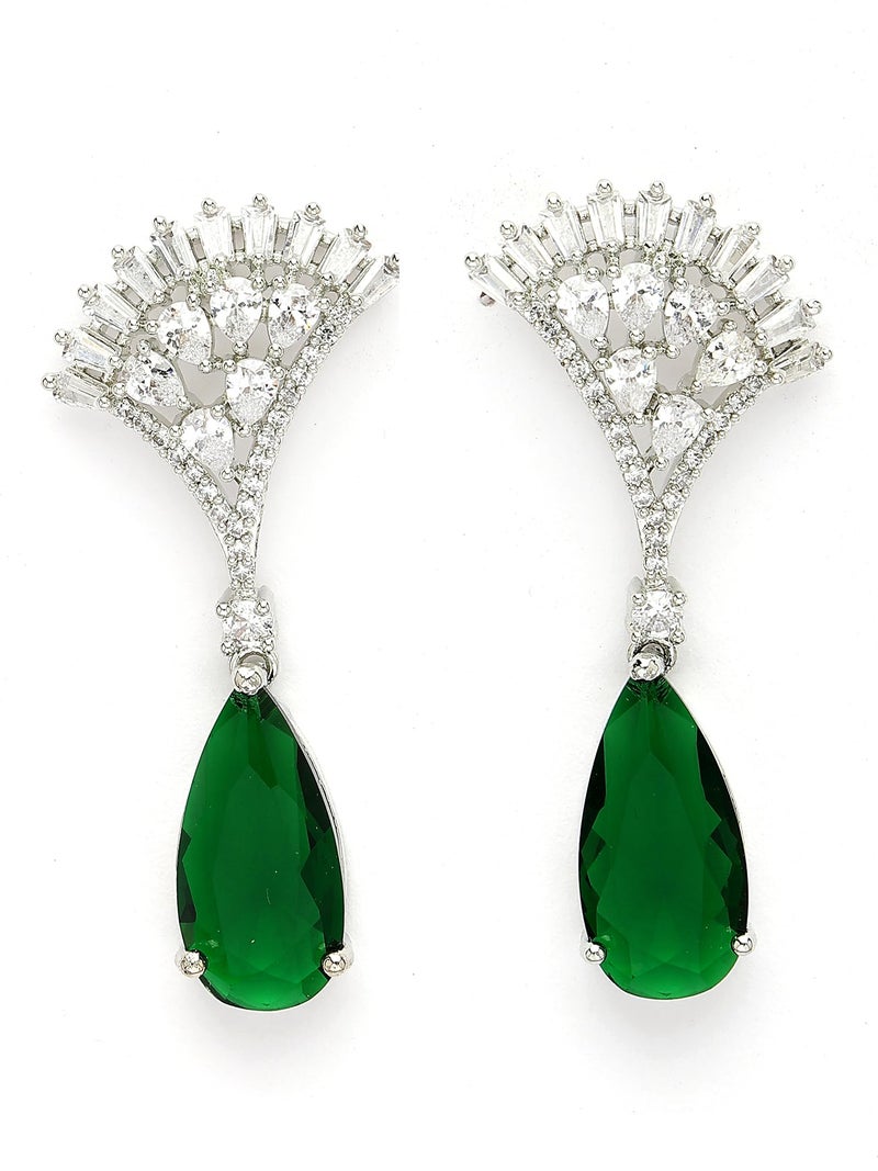 Karatcart Silver Plated Green American Diamond Drop Earrings for Women - Image 1