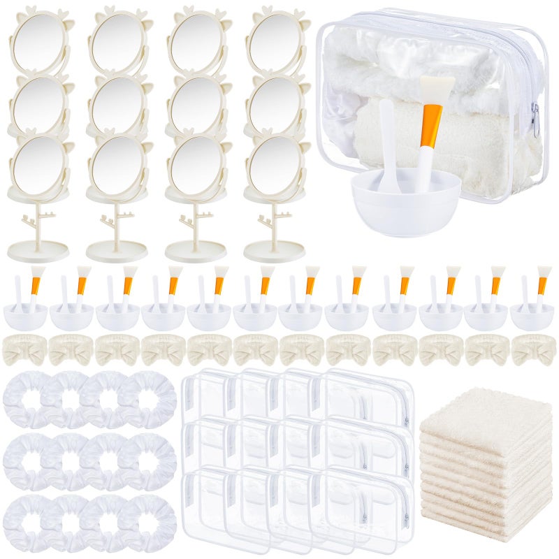 Shinylin 8 Set Spa Sleepover Party Supplies Bulk, Include Face Mask Mixing Bowl Set, Mirror, Headband, Scrunchies, Cosmetic Bags, Face Wash Cloths for Spa Birthday Party (White) - Image 1
