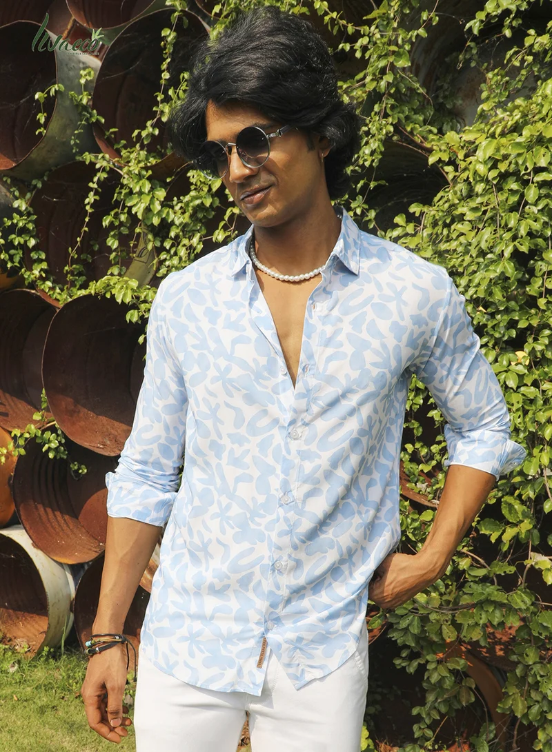 Campus Sutra Campus Sutra Men's White & Blue Water Strokes Shirt For Casual Wear | Made With Eco-Liva Fabric | Spread Collar | Long Sleeve | Button Closure | Rayon Shirt Crafted With Comfort Fit For Everyday Wear