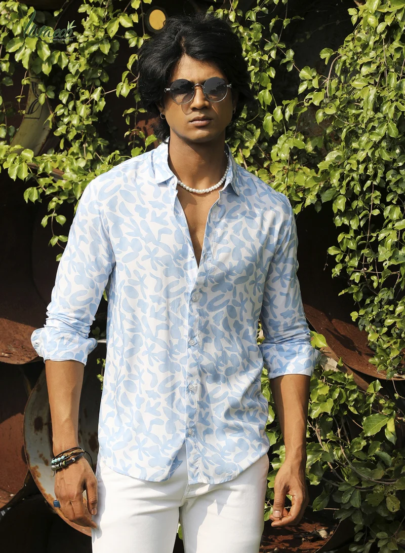 Campus Sutra Campus Sutra Men's White & Blue Water Strokes Shirt For Casual Wear | Made With Eco-Liva Fabric | Spread Collar | Long Sleeve | Button Closure | Rayon Shirt Crafted With Comfort Fit For Everyday Wear