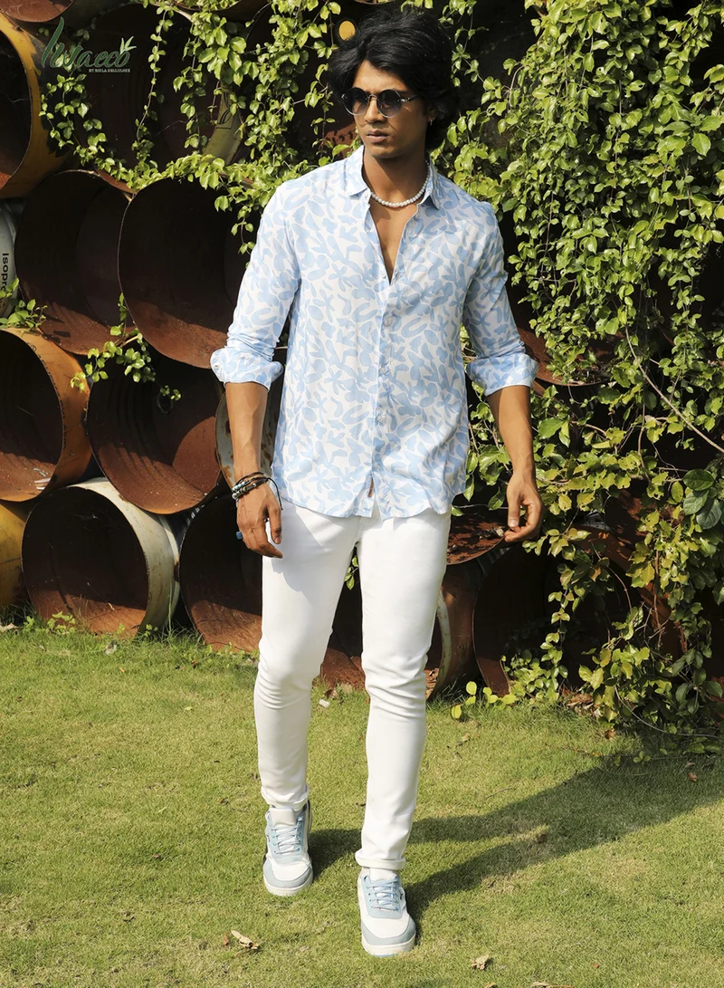 Campus Sutra Campus Sutra Men's White & Blue Water Strokes Shirt For Casual Wear | Made With Eco-Liva Fabric | Spread Collar | Long Sleeve | Button Closure | Rayon Shirt Crafted With Comfort Fit For Everyday Wear