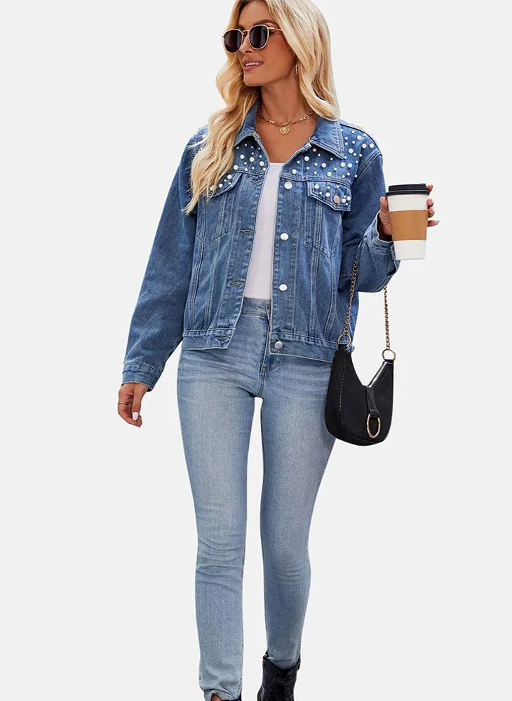 YUNIQEE Blue Printed Regular Fit Long Sleeve Denim Jacket