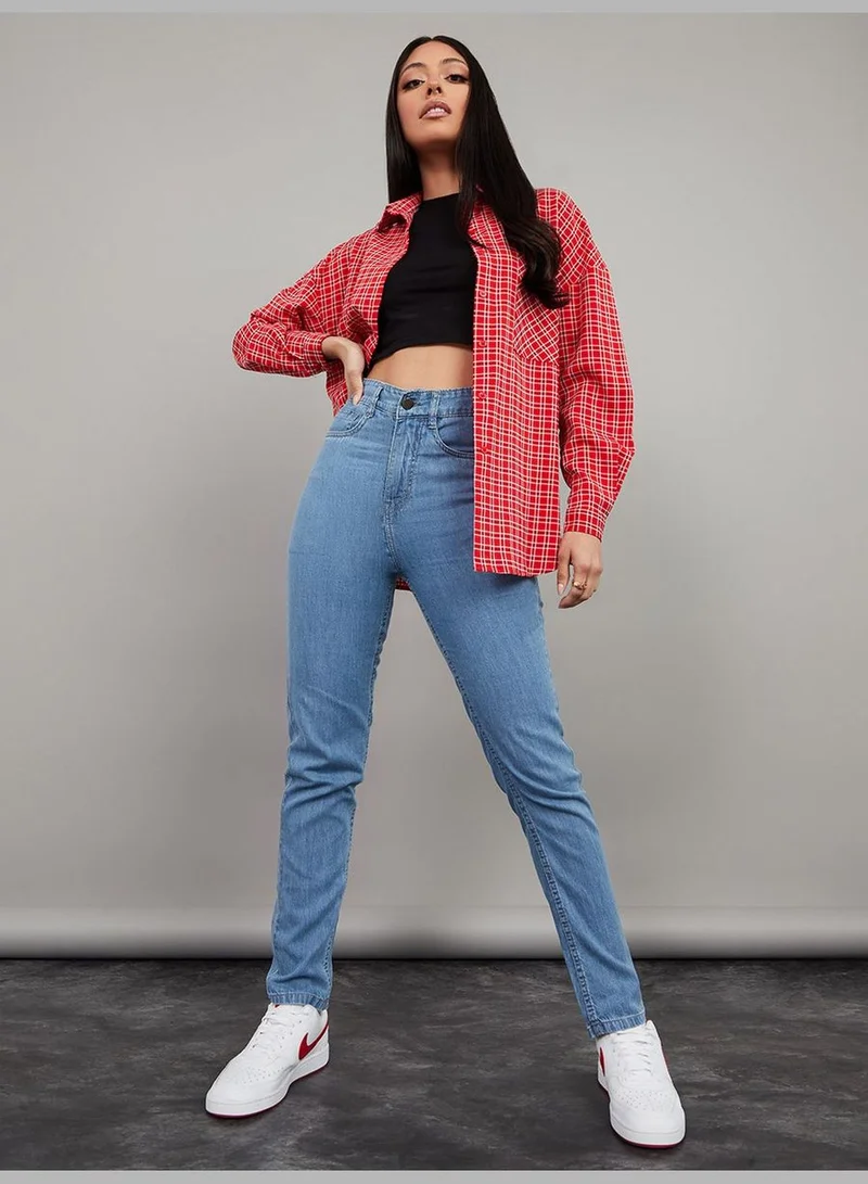 Styli High Waist Core Mom Jeans with Belt Loops