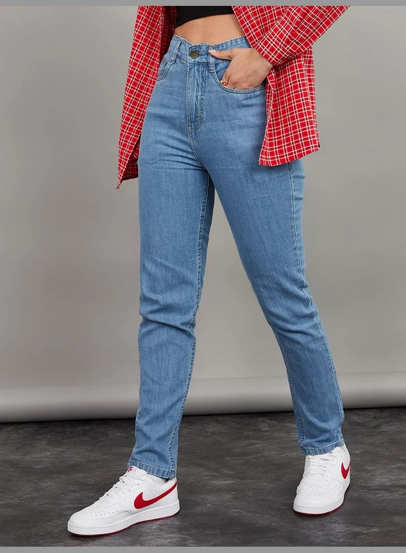 Styli High Waist Core Mom Jeans with Belt Loops