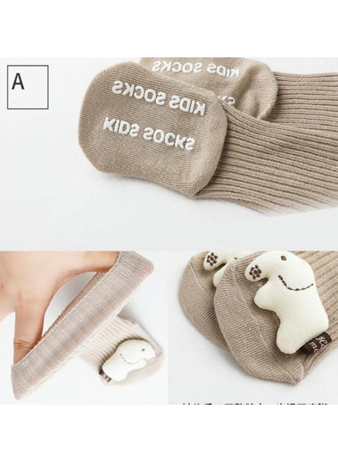 6-Pair Baby Girl Knee-High Socks, Toddler Newborn 3D Doll Indoor Pre-Walking Non-Slip Socks, Baby Cute Cartoon Pattern Knit Socks, Cotton Tube Leggings (0-6 Months) - Image 3